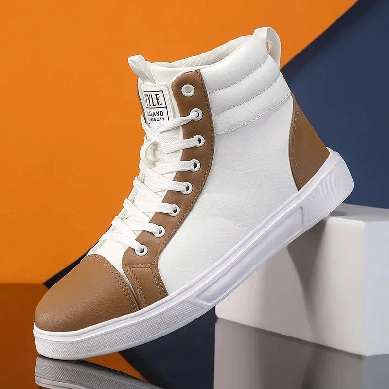 2025 Spring Fashion High-Top Sneakers - Unisex Leather Skateboarding Shoes (Red/White/Brown) - Shello's Creative Boutique