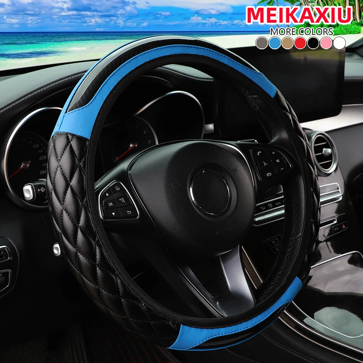 Crystal Carbon Fiber Steering Wheel Cover - Embroidered Leather (14.5-15 inch)