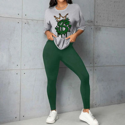 Crown Letter Print Pants Set Y2K Summer Round Neck Graphic Short Sleeve T-shirt & Skinny Pants Suit 2 Piece Sets Women Outfit