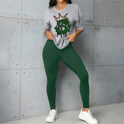 Y2K Crown Letter Print Two Piece Set - Graphic T-Shirt & Skinny Pants Outfit - Shello's Creative Boutique