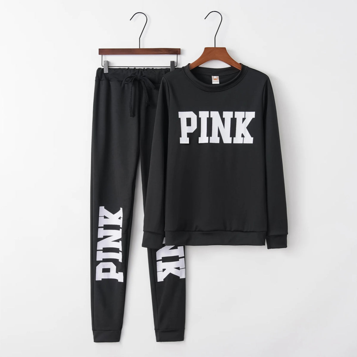 Women’s letter-print two-piece casual set in black: sweatshirt and jogger pants