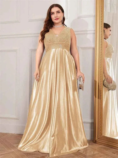 Plus Size Sequin Evening Dress - Deep V-Neck Satin Prom Gown | Floor Length - Shello's Creative Boutique