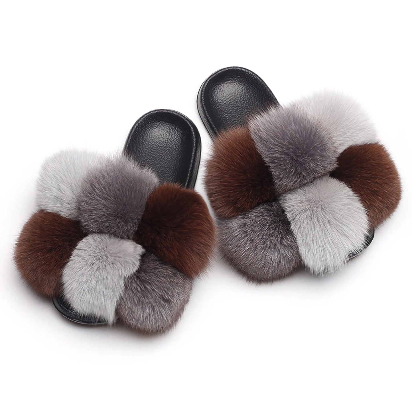 Women's Real Fox Raccoon Fur Slippers - Fluffy Pom Pom Slides Beach Sandals
