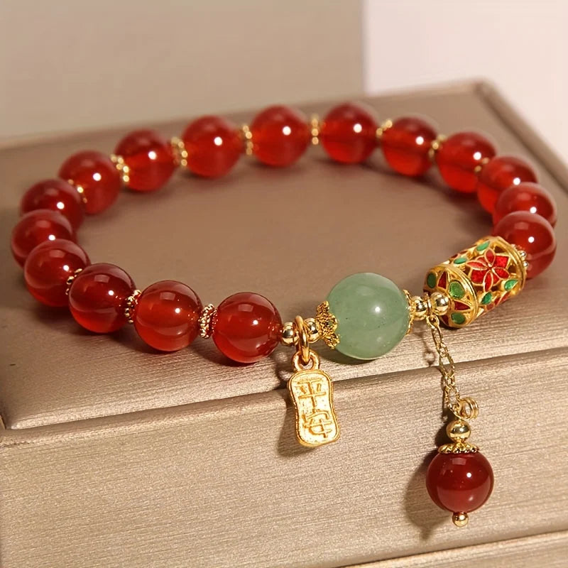 Retro Synthetic Agate Red Bead Bracelet – Lucky Charm Jewellery for Men & Women