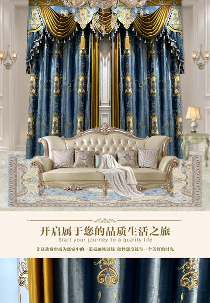 French European Blue Velvet Blackout Curtains - Custom Bay Window Drapes with Tulle Valance