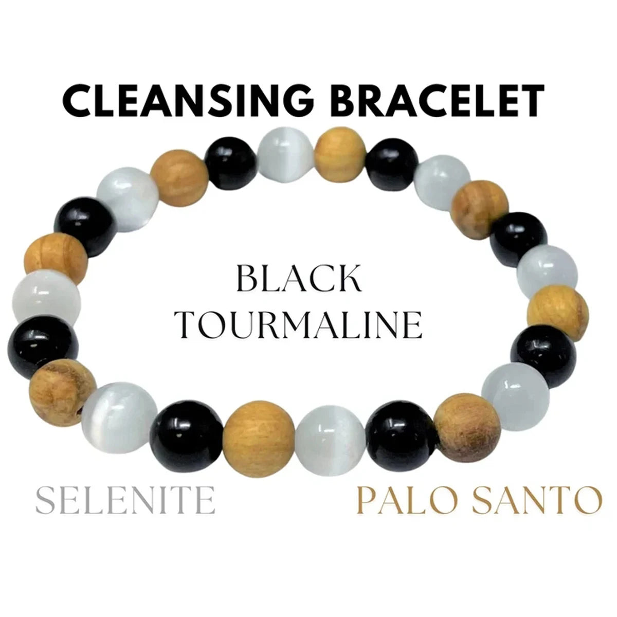 8mm Black Tourmaline, Selenite & Palo Santo Wood Beaded Bracelet