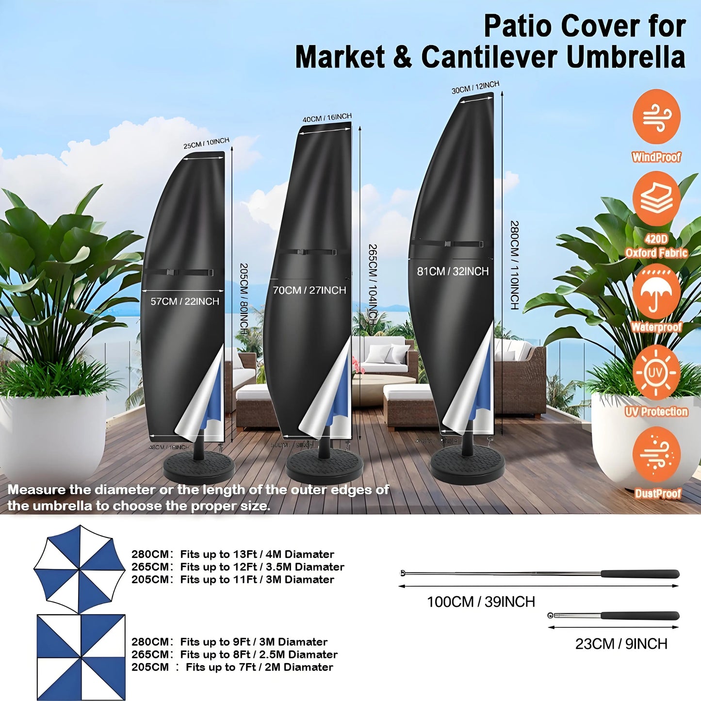 Parasol Rain Cover 210D Oxford Fabric – Waterproof UV-Resistant Patio Umbrella Storage Cover