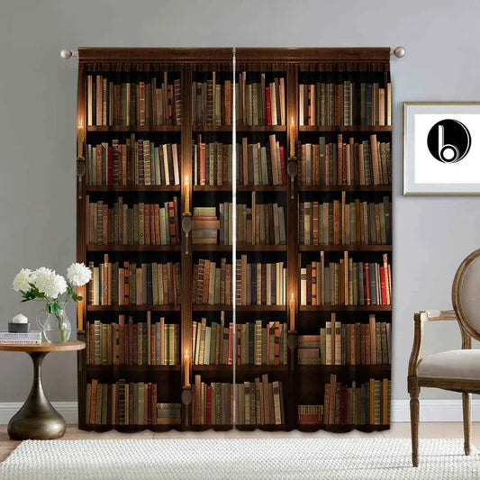 Vintage Wooden Door & Bookshelf Print Curtains - 2 Panel Set for Living Room & Kitchen - Shello's Creative Boutique