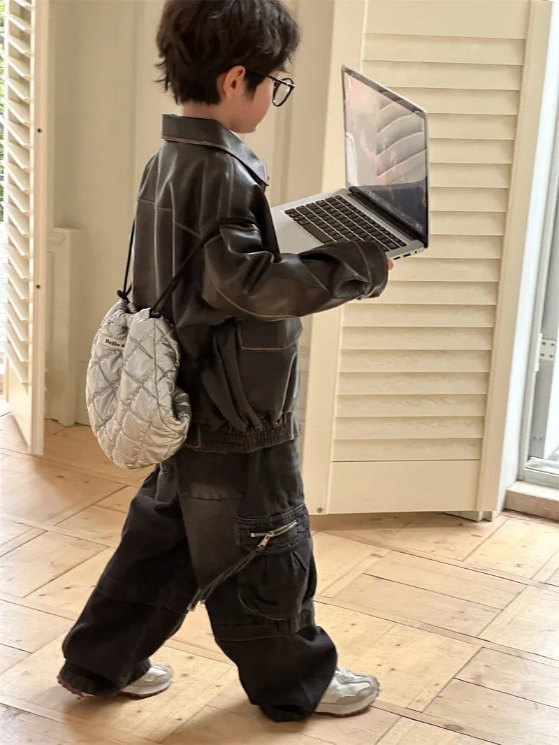 Children Clothing Fashion Casual All Match Leather Coat 2024 Fall New Boys Girls Retro Cool Jacket Solid Color Simple Coat Shello's Creative Boutique