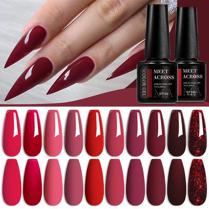 MEET ACROSS 7ml Red Gel Nail Polish Crystal Semi Permanent Soak Off UV Gel Varnish Nail Art Manicure Base Matte Top Coat Vernis - Shello's Creative Boutique