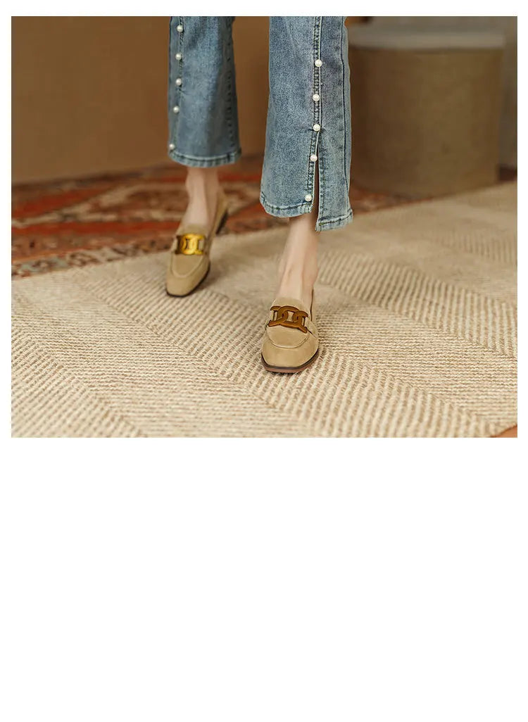 Women's Retro Metal Buckle Loafers - French British Style Square Toe Pumps - Shello's Creative Boutique