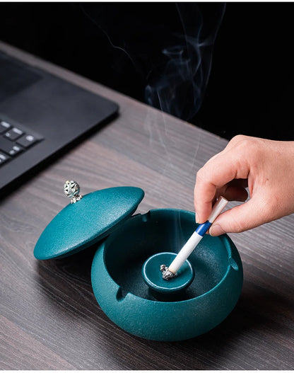 Creative Ceramic Ashtray with Lid – Anti-Fly Ash Desktop Ornament, 18 Styles