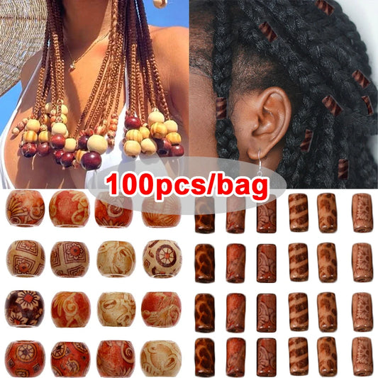 100pcs Wooden Dreadlock Beads - Vintage Natural Wood Hair Accessories - Shello's Creative Boutique