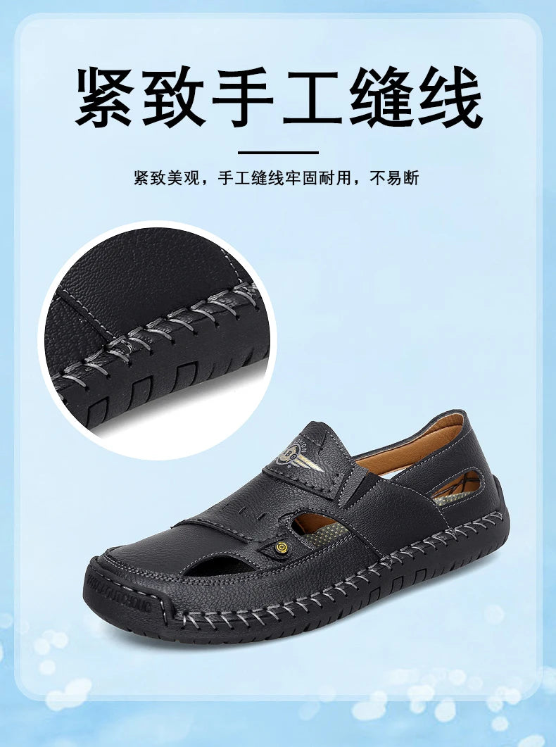 Men's Genuine Leather Beach Sandals - Breathable Hollow-Out Non-Slip Casual Slides
