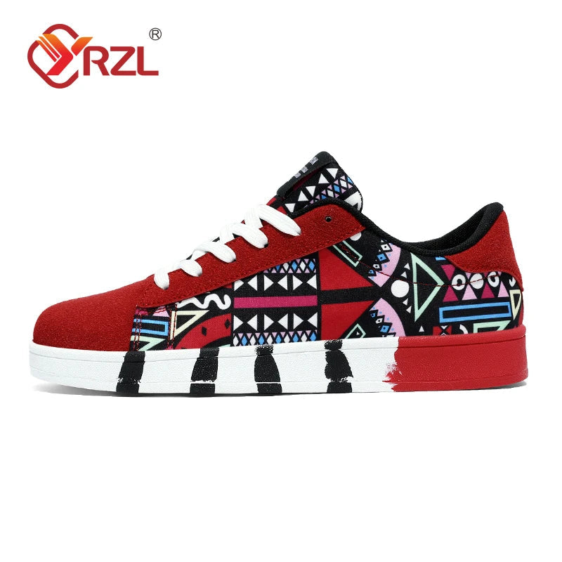 YRZL Men's Sports Running Shoes Canvas Geometric Style Lace-Up Sneakers Couples' Fashionable Graffiti Print Skate Shoes Men Shello's Creative Boutique