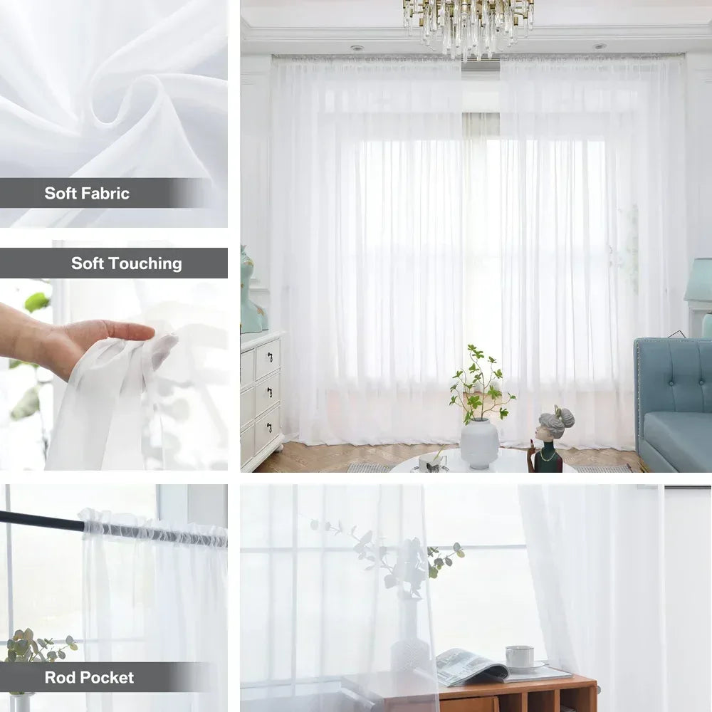 Sheer White Tulle Curtains – Elegant Voile Window Drapes - Shello's Creative Boutique