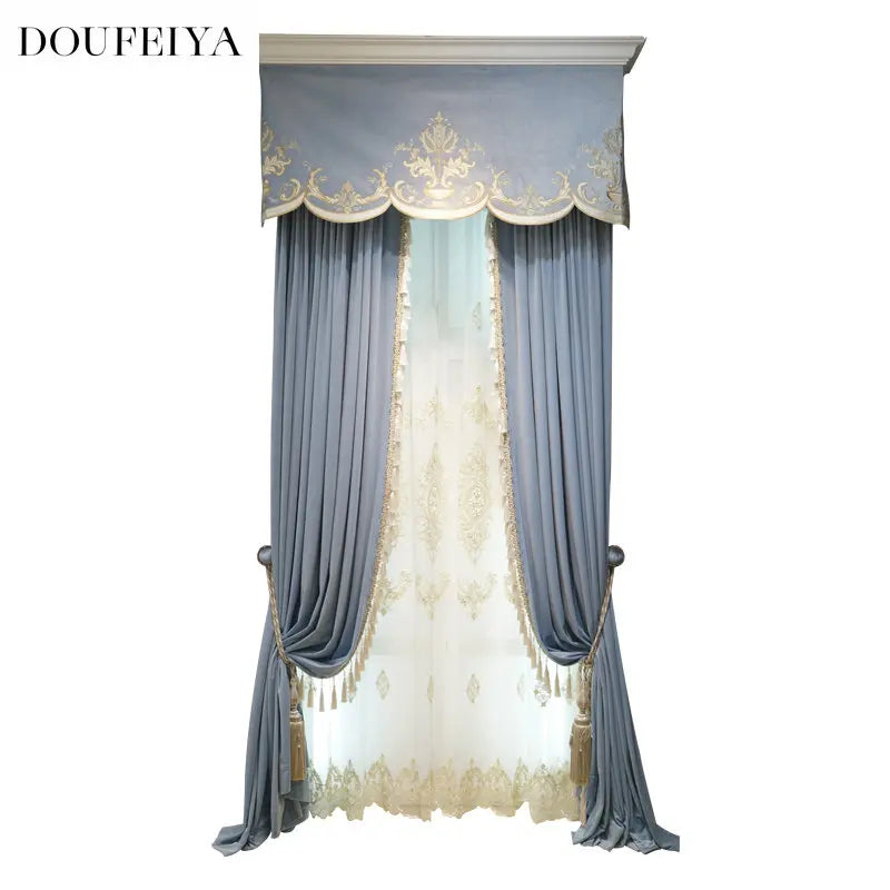Modern European Luxury Curtains - Blue Velvet Spliced Tassel with Embroidered Tulle