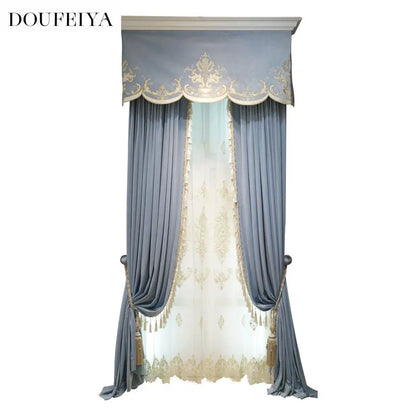 Modern European Luxury Curtains - Blue Velvet Spliced Tassel with Embroidered Tulle