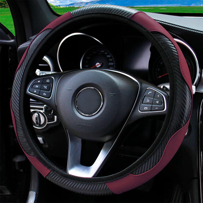 PU Carbon Fiber Leather Car Steering Wheel Cover - 14.5-15 Inches