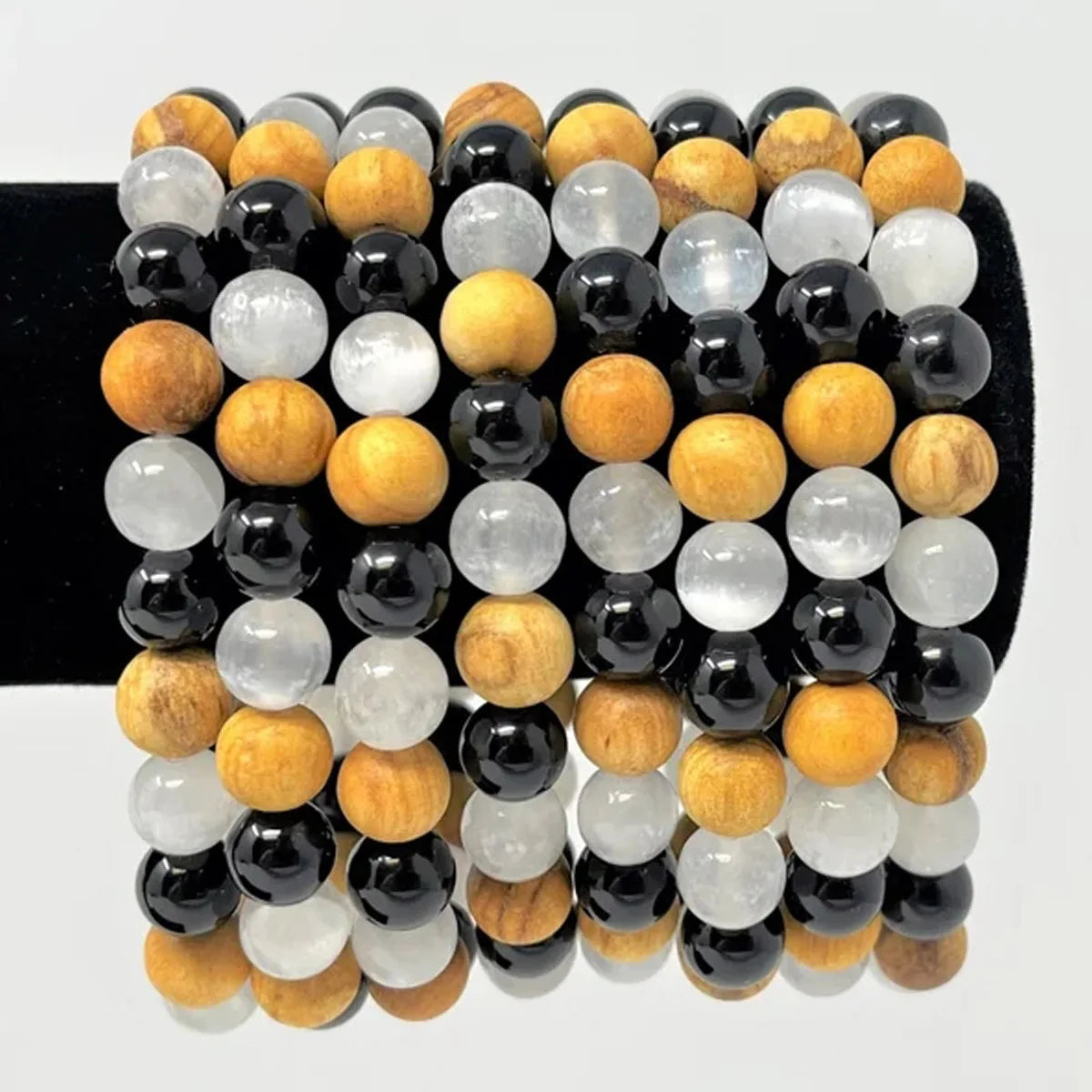 8mm Black Tourmaline, Selenite & Palo Santo Wood Beaded Bracelet