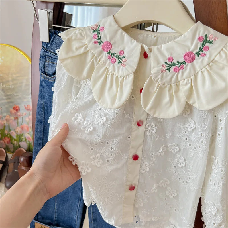 Children's Clothing Shirt 2024 New Girls Doll Shirt Childrens Clothing Autumn Clothing Korean Embroidered Shirt Baby Shello's Creative Boutique