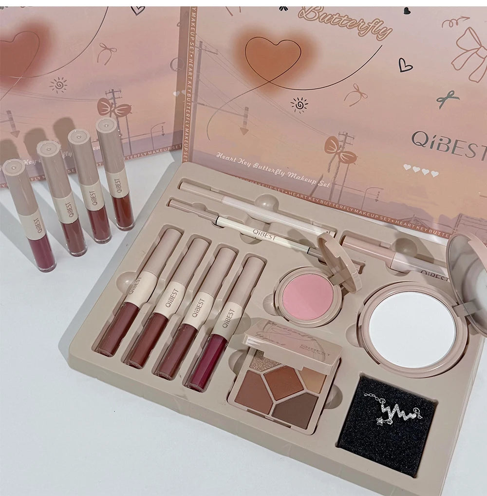 Makeup Gift Box Butterfly Bow Heart Limited Lipstick Powder Blush Eyeshadow Makeup Gift Box Set and Necklace Gifts for Women - Shello's Creative Boutique
