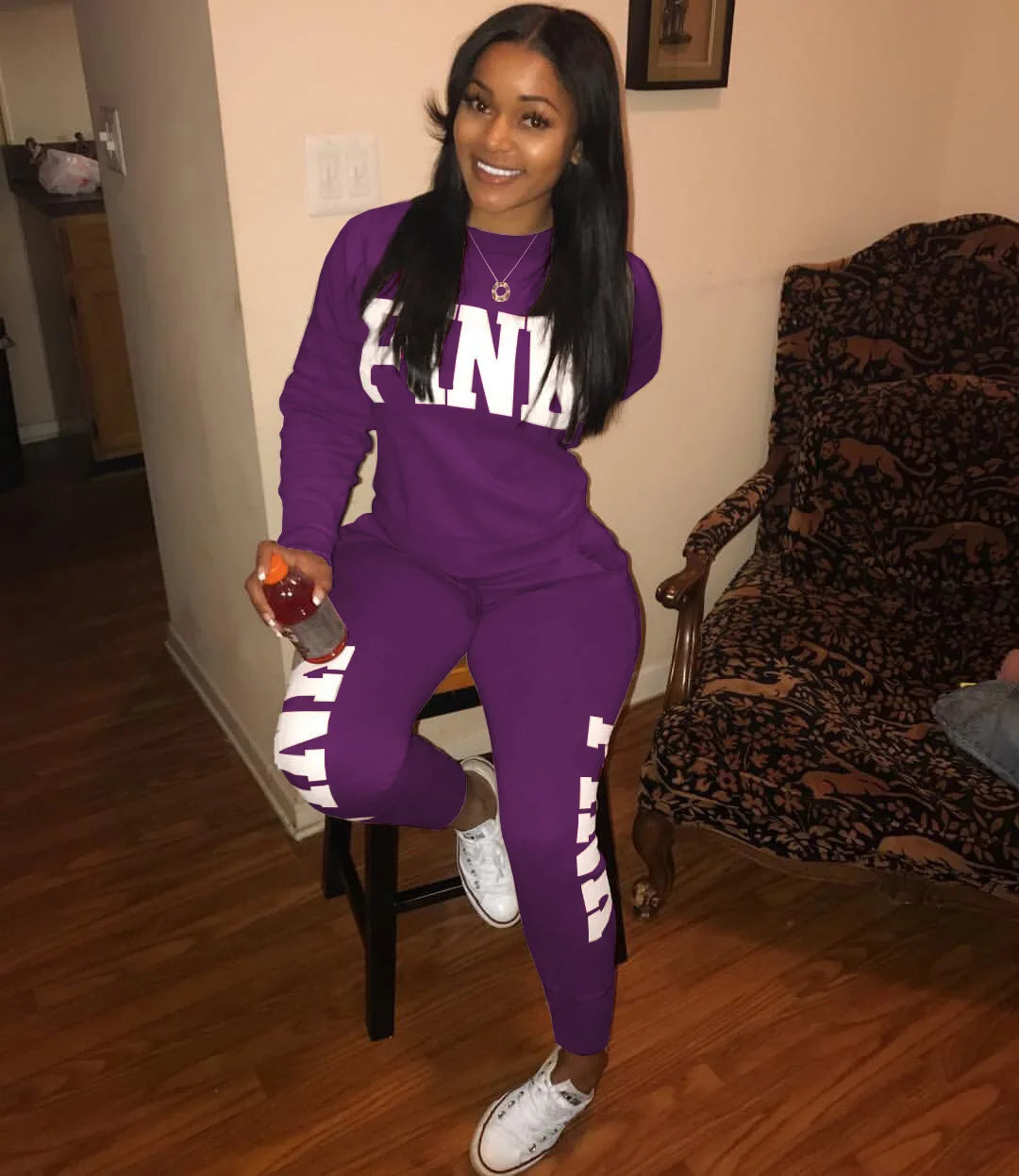 Women's letter-print set: purple long-sleeve top and jogger pants with white NLA side print