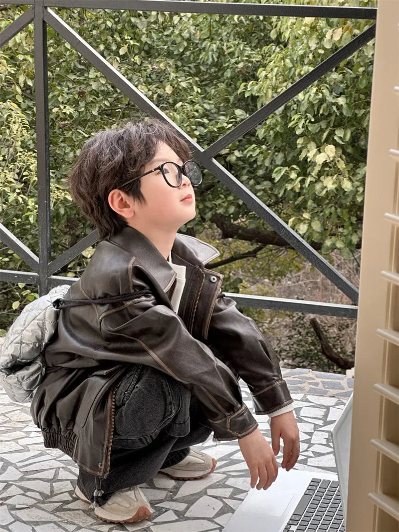 Children Clothing Fashion Casual All Match Leather Coat 2024 Fall New Boys Girls Retro Cool Jacket Solid Color Simple Coat Shello's Creative Boutique