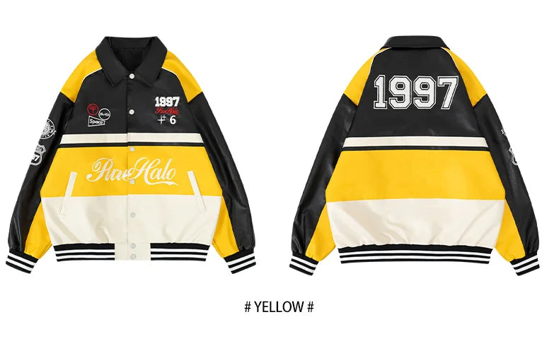Women's Faux Leather Jacket Motorcycle Bomber Windproof Coat Spring&Autumn Warm Plus Size Baseball Coat Color-blocked Embroidery - Shello's Creative Boutique