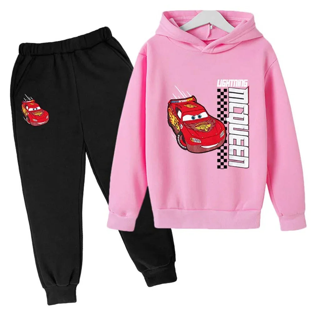 MINISO Kids' Lightning McQueen 2-Piece Tracksuit – Unisex Hooded Sweatshirt & Pants Set Shello's Creative Boutique