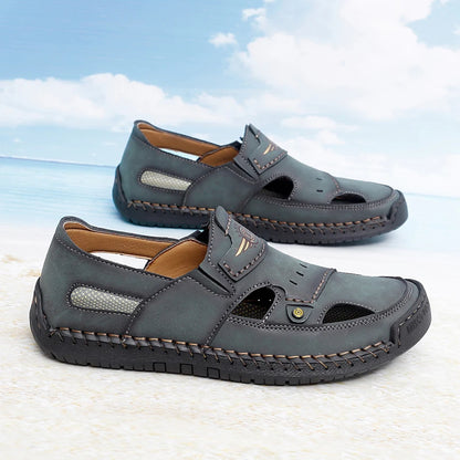 Men's Genuine Leather Beach Sandals - Breathable Hollow-Out Non-Slip Casual Slides