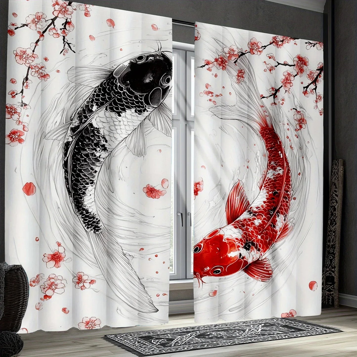 Japanese Koi Fish Blackout Curtains – Ukiyo-e Cherry Blossom Drapes (2 Pack) - Shello's Creative Boutique