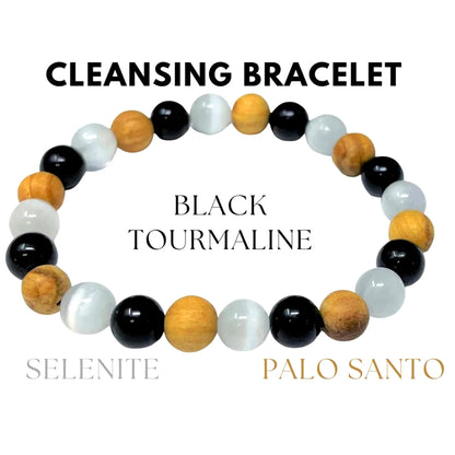 8mm Black Tourmaline, Selenite & Palo Santo Wood Beaded Bracelet
