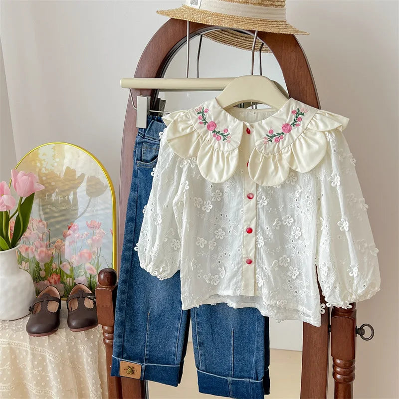 Children's Clothing Shirt 2024 New Girls Doll Shirt Childrens Clothing Autumn Clothing Korean Embroidered Shirt Baby Shello's Creative Boutique