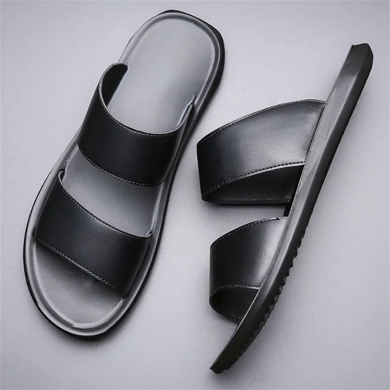 Men's Luxury Leather - Non-Slip Beach Sandals & Flat Casual Slides (Large Size 48) - Shello's Creative Boutique
