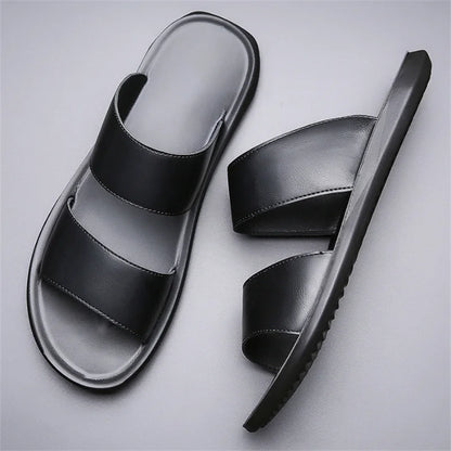 Men's Luxury Leather - Non-Slip Beach Sandals & Flat Casual Slides (Large Size 48) - Shello's Creative Boutique