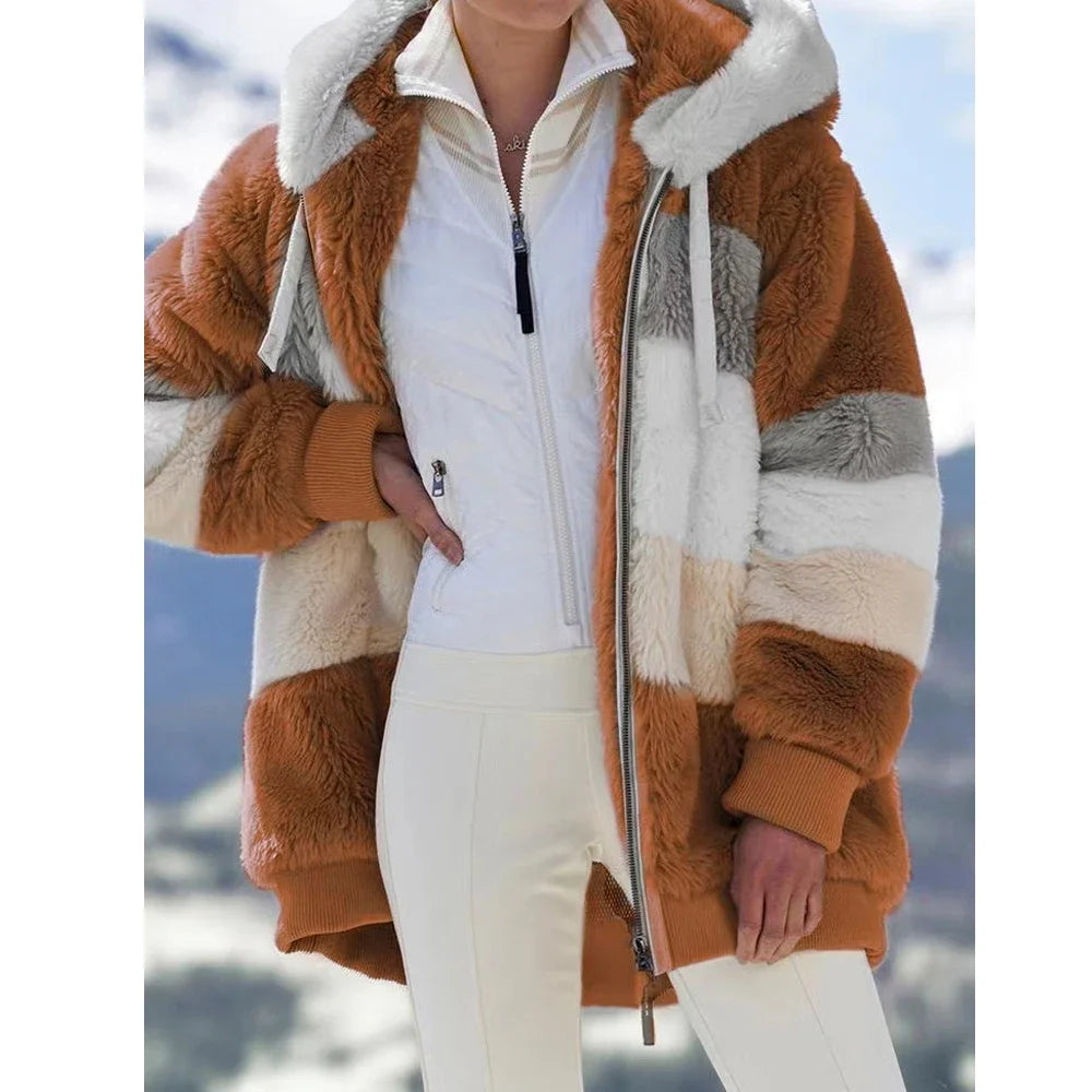 Women's Winter Hooded Coat 2026 - Thick Cashmere Plaid Stitched Jacket with Zipper - Shello's Creative Boutique