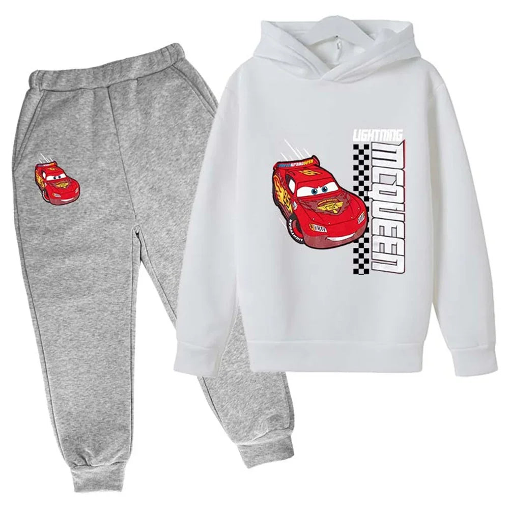 MINISO Kids' Lightning McQueen 2-Piece Tracksuit – Unisex Hooded Sweatshirt & Pants Set Shello's Creative Boutique