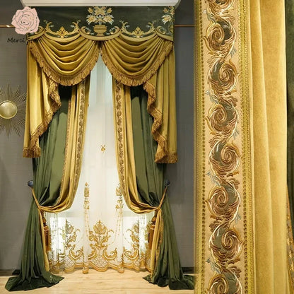 Luxury European Olive Green Velvet Embroidered Curtains - Custom Premium Drapes
