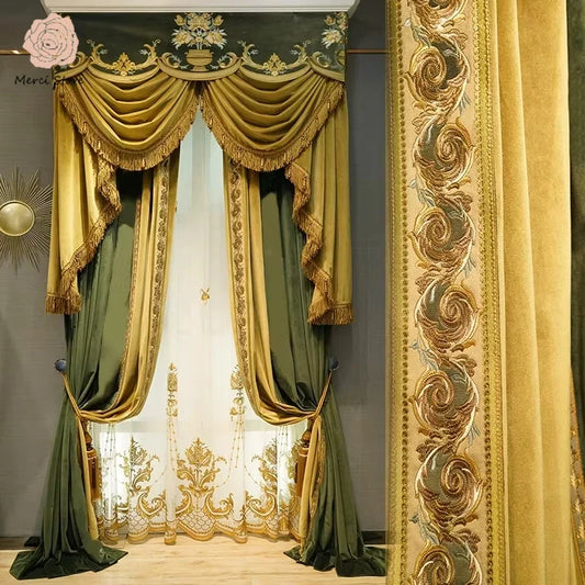 Luxury European Olive Green Velvet Embroidered Curtains - Custom Premium Drapes