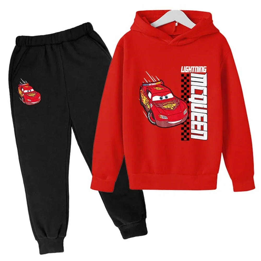 MINISO Kids' Lightning McQueen 2-Piece Tracksuit – Unisex Hooded Sweatshirt & Pants Set Shello's Creative Boutique