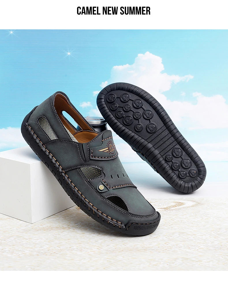 Men's Genuine Leather Beach Sandals - Breathable Hollow-Out Non-Slip Casual Slides
