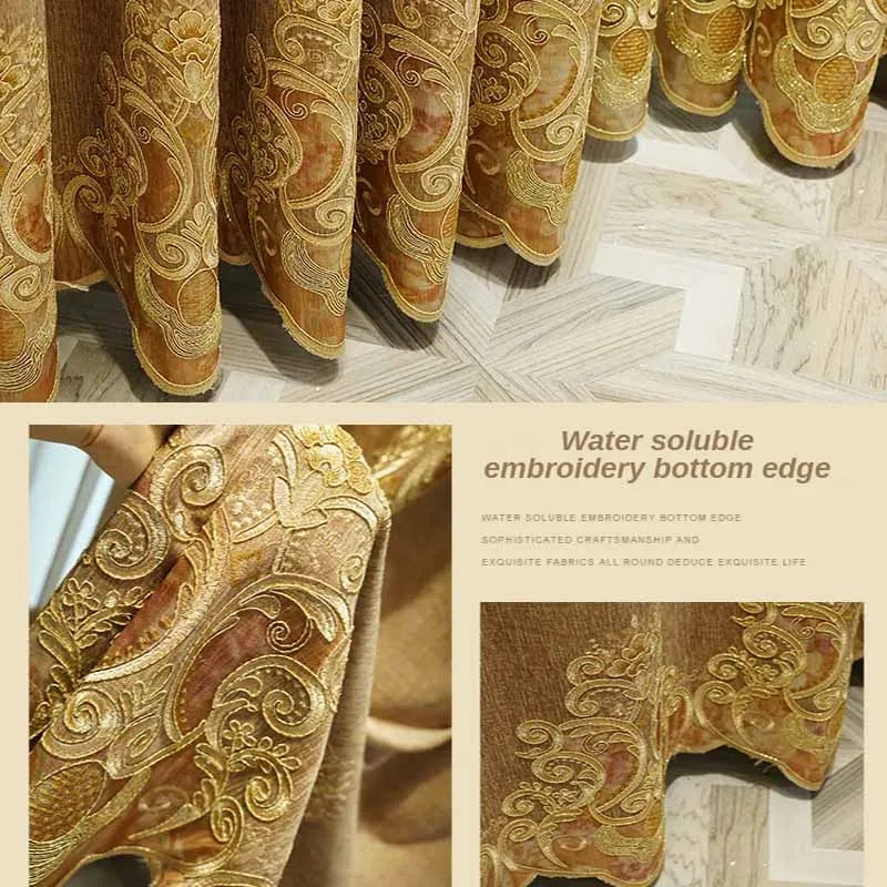European Luxury Chenille Embroidered Curtains - Coffee Color Villa Valance for Living Room & Bedroom - Shello's Creative Boutique