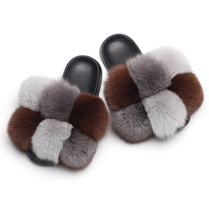Women's Real Fox Raccoon Fur Slippers - Fluffy Pom Pom Slides Beach Sandals