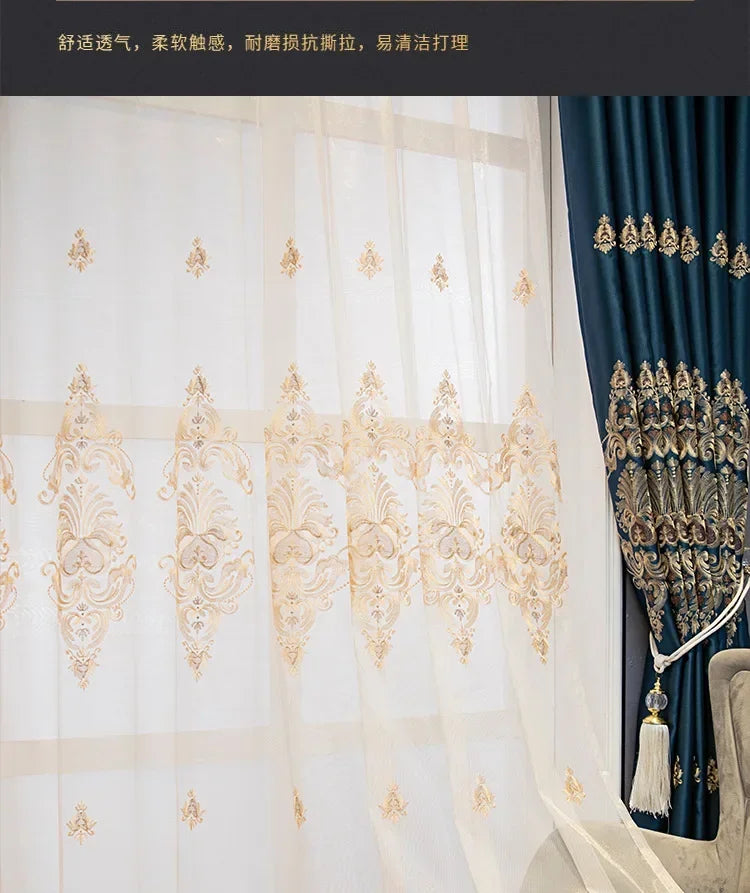 European Luxury Full Blackout Curtains - Heat Insulation & Acoustic Drapes with White Tulle - Shello's Creative Boutique