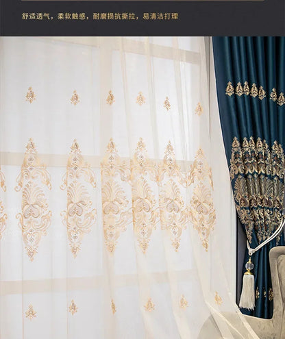 European Luxury Full Blackout Curtains - Heat Insulation & Acoustic Drapes with White Tulle - Shello's Creative Boutique