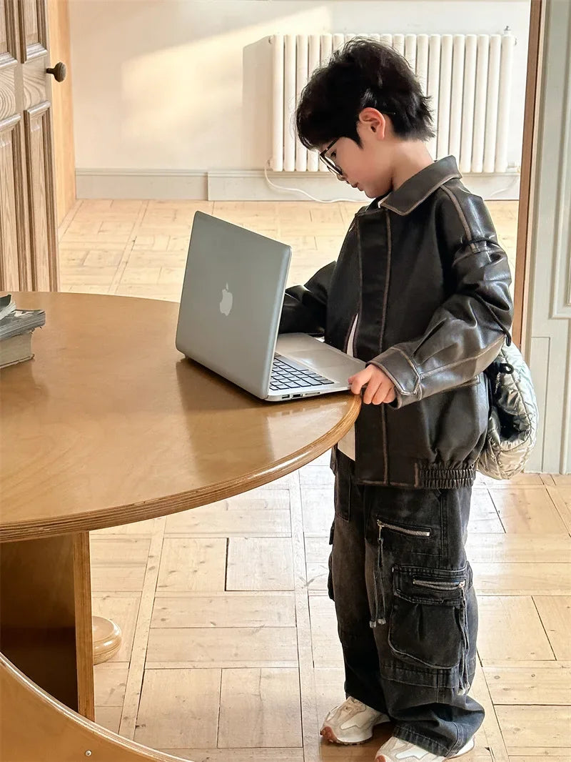 Children Clothing Fashion Casual All Match Leather Coat 2024 Fall New Boys Girls Retro Cool Jacket Solid Color Simple Coat Shello's Creative Boutique