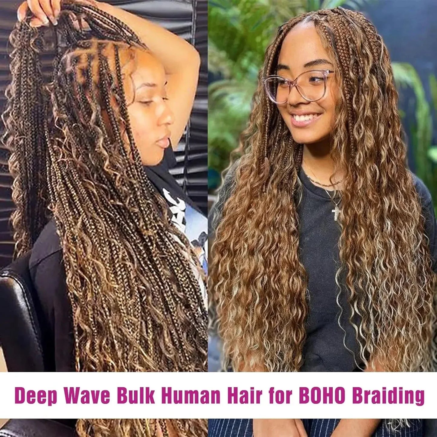Blonde Highlight Bulk Braiding Hair - Deep Wave Curly Human Hair 100g for Boho Braids - Shello's Creative Boutique