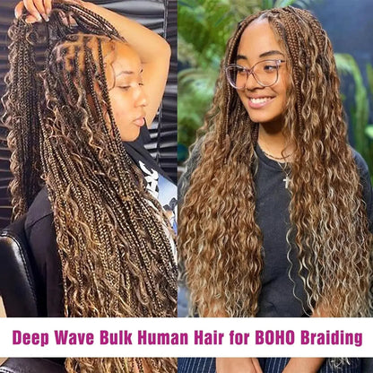 Blonde Highlight Bulk Braiding Hair - Deep Wave Curly Human Hair 100g for Boho Braids - Shello's Creative Boutique