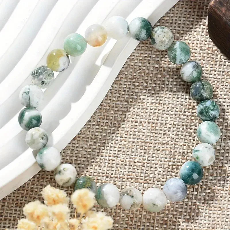 Dendritic Agate Natural Stone Beaded Bracelet – Green & White